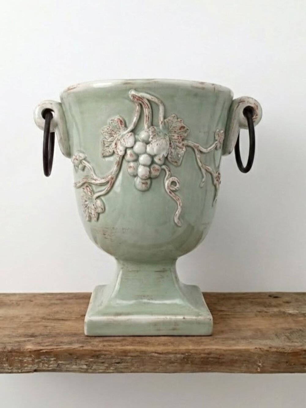 Vintage Style Ceramic Grapevine Planter Urn with Metal Ring Handles Mint Green